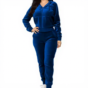 Sport Gym Women's Solid Short Velvet Two Piece Winter Tracksuit Set Custom Patches Vintage Style Hooded Windproof Fleece Jogging - Product Image 5
