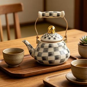 กาต้มน้ำเคลือบลายตาราง 1.5 ลิตร แบบคลาสสิก สำหรับกาแฟและน้ำ ตัวกาหนา ทนทาน ใช้ได้กับเตาแม่เหล็กไฟฟ้า เหมาะสำหรับใช้ในบ้านและครัว - Product Image 2