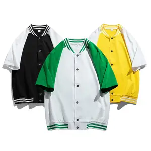 Summer 100% Cotton Fashion Baseball T-Shirt Contrast Sleeve & Half Sleeve Mens Casual Button Baseball Shirt