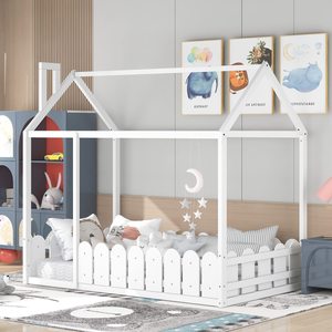 เฟอร์นิเจอร์ห้องนอนเด็กสไตล์ใหม่ ดีไซน์ทรงบ้านเรียบง่ายทันสมัย เตียงเด็กโครงไม้แบบตั้งพื้น พร้อมราวกั้น - Product Image 2