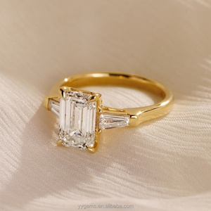 14k solid yellow gold three stone emerald cut lab grown diamond engagement ring IGI certified for wedding band ring - Product Image 6