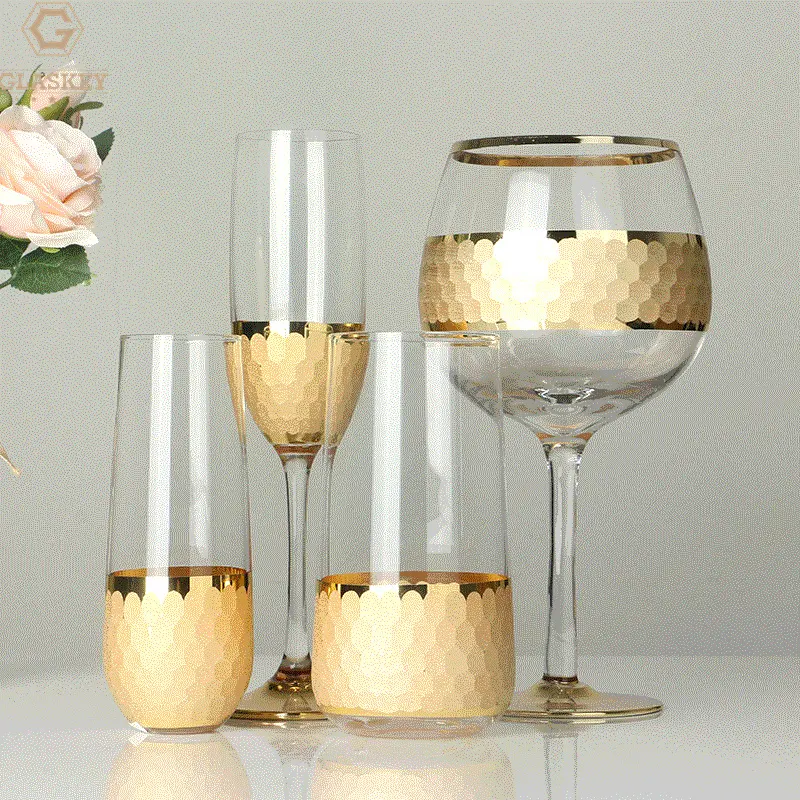 Wholesale Polished Frosted Red Wine Glass Crystal Goblet Creative Bottom Gold Rimmed Champagne Bubble Glass