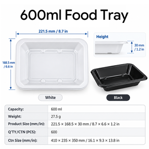 Barquettes alimentaires jetables en PP blanc de 600 ml, personnalisables avec logo, thermoscellables, micro-ondables, pour préparation de repas et traiteur, vente en gros - Product Image 2