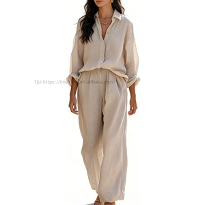 Women's Coral Shirt & Wide-Leg <b>Pants</b> 2 Piece Set - Casual Summer Outfit Breathable Coord Fashion - Product Image 6