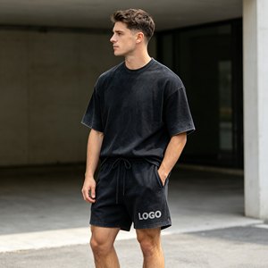 Conjuntos para hombre con logotipo personalizado, conjunto de camiseta negra informal vintage lavada y pantalones cortos rotos, conjunto informal de verano para hombre. - Product Image 1