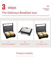 Grille-sandwich électrique antiadhésive détachable pour petit-déjeuner, idéale pour l'extérieur et l'hôtellerie, sans fumée et sécurisée