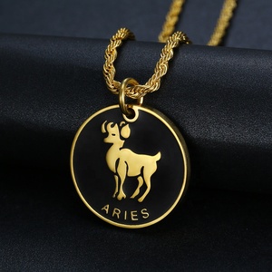 Collier rond en émail noir 18K, bijou pour hommes et femmes, pièce de monnaie en forme de métal précieux, du zodiaque, - Product Image 3