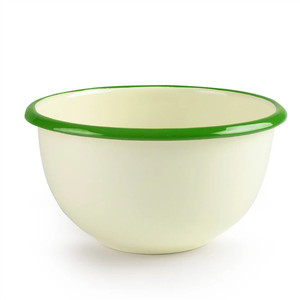 Tazón Redondo de Metal Esmaltado Color Crema Beige de 14cm, 18cm y 20cm para Servir Ensaladas, con Borde <span class=keywords><strong>Verde</strong></span> <span class=keywords><strong>Oliva</strong></span>, Logotipo Personalizado, Vajilla de Cocina - Product Image 1