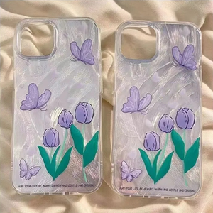 Funda protectora para teléfono IMD de doble capa con diseño de mariposa y flor de plumas moradas, compatible con Xiaomi, Samsung, Oppo y Vivo - Product Image 1