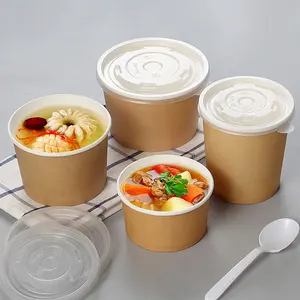 इको फ्रेंडली डिस्पोजेबल सूप पेपर कप टेवे 11 औंस क्राफ्ट सूप ढक्कन के साथ कटोरे