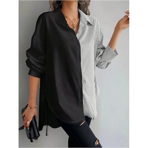 FOXA Chemise asymétrique rayée à manches longues et boutonnée pour femme, grande taille, pour le travail, automne - Product Image 4