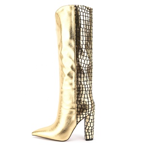 Bottes hautes pour femmes, grande taille 47, imprimé pierre dorée, patchwork, talon épais, sur bottines longues multicolores - Product Image 1