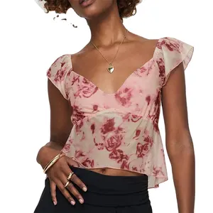 Lo último en Top corto con estampado floral personalizado Sexy elegante cuello en V manga casquillo Borde de lechuga dobladillo Top buena malla elástica Camiseta corta para mujer