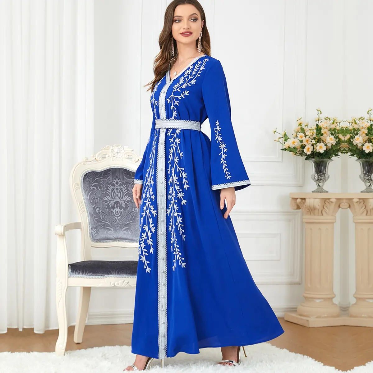 2457 Groothandel Etnische Moslim Islamitische Kleding Marokka Kaftan Pailletten Lange Mouw Dubai Turkey Islam Feestavond Abaya Kaftan