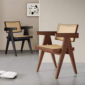 Chaise de salle à manger contemporaine en bois massif et rotin tressé avec structure en bois, style japonais Wabi-Sabi et américain, pour usage domestique - Product Image 2