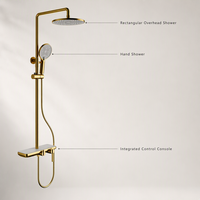 Système de douche apparent en laiton doré brossé avec étagère de rangement, ensemble de douche 3 fonctions (pluie et massage) en céramique pour appartement et hôtel