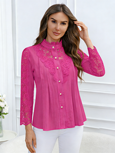 Chemisier en dentelle fuchsia grande taille pour femme, chemise à col montant et boutons perlés, tunique ample à manches longues coupe trapèze - Product Image 1