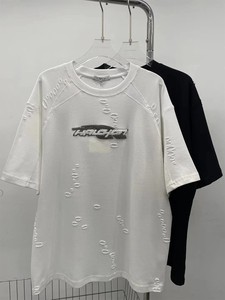 Summer Vintage Trendy Brand Distressed Hollow-Out Design T-shirt en coton lourd T-shirt à manches courtes pour hommes - Product Image 2