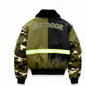 Chaqueta Bomber Personalizada para Hombre, Manga Larga a Cuadros, Cuero/Algodón, Estilo Urbano, Parches Reflectantes, Cuello de Forro Polar Cálido para Invierno - Product Image 4