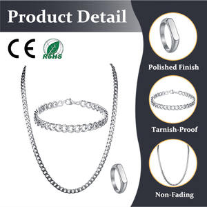 Ensemble de 3 bijoux tendance, style hip-hop, chaîne cubaine en acier inoxydable 304, bague, collier, bracelet, ensemble de bijoux - Product Image 1
