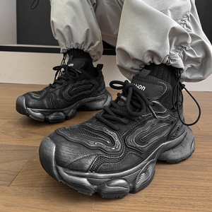 Chaussures Chunky Empire Pipe pour Hommes, Noires, Couleur Unie, Bout Rond, Lacets, Doublure en Maille Rétro, Semelle Extérieure en Caoutchouc, Baskets Tendance Amorties - Product Image 4