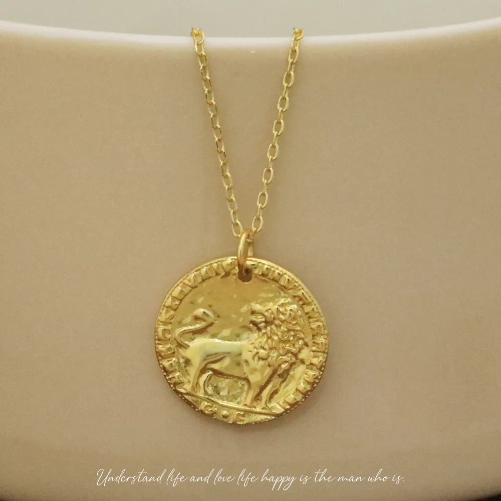 Coin Pendant Necklace VIANRLA 925 Sterling Silver Emboss Lion Round Coin 18k Gold Plated Pendant Necklace