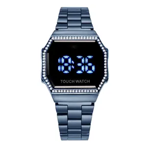 Metal band Electronic Watches Square Shape Digital Watch Amazing LED Touch Crystal Bezel LED Wrist Watch