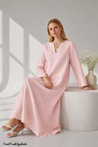 Women's Pink Linen Solid V-neck A-Line Maxi Kaftan Thobe <b>Dress</b> Cotton Lined Eco-Friendly <b>Belt</b> Party Wear B2B Export Supply - Product Image 3