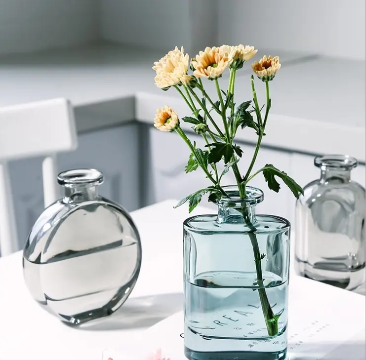 नॉर्डिक सजावट आईएनएस रचनात्मक खाने की मेज के लिए मिनी शराब की बोतल आकार पारदर्शी कांच फूलदान कमरे में रहने वाले