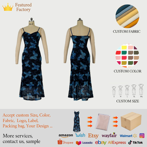 ZYHT 21227 venta al por mayor azul marino flocado mariposa mujeres vestido Casual verano largo Sexy Cami tanque sol vestidos - Product Image 6