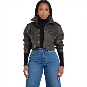 Women's PU <b>Leather</b> Moto Jacket Stand Collar Full Sleeve <b>Short</b> Cropped Biker Style Solid Color Autumn Wear - Product Image 1