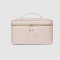 Sacs de voyage populaires en cuir PU pour maquillage et cosmétiques, couleurs girly, avec poignée, double fermeture éclair, porte-pinceaux et insert pour soins de la peau
