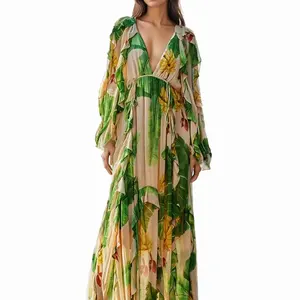 Kỳ Nghỉ Thời Trang Giản Dị Polyester Bohemian Phong Cách In Hoa Sâu V Dài Tay Áo Ruffle Vành Đai Tie Của Phụ Nữ Dài Dresses