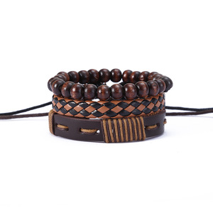 Lot de 3 bracelets ethniques tribaux en perles de <span class=keywords><strong>bois</strong></span> vintage, bracelets ajustables multi-couches tressés, <span class=keywords><strong>bracelet</strong></span> en <span class=keywords><strong>cuir</strong></span> pour <span class=keywords><strong>homme</strong></span> - Product Image 4