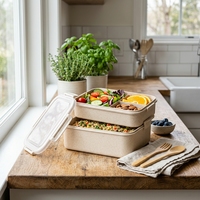 Boîte à lunch bento écologique en paille de blé, 2 étages, conteneur alimentaire portable, 3 compartiments pour le bureau et l'école