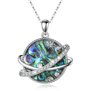 Isunni Star Shaped S925 Sterling Silver Rhodium Plated Colour Mother of Pearl Abalone Shell Planet Pendant Necklaces