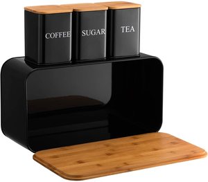 Black Modern Metal Bread Box With Bamboo Lid Matt Iron Storage Box for Kitchen or Table Storage Set Of 4