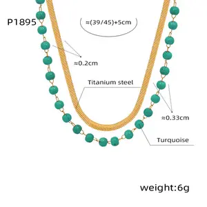 Sıcak satış kadın çift iplikçik kolye paslanmaz çelik zincir moda güzel takı ile doğal turkuaz boncuklu