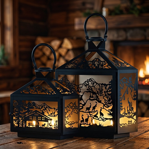 Decorative Metal <b>Lantern</b> <b>Set</b> with Mountain Wildlife Cutout Design Hanging Candle Holder for Home Décor and Outdoor Ambience Lamp - Product Image 2