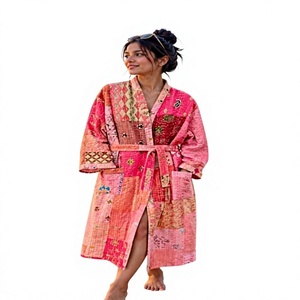 Women's Patchwork <b>Quilted</b> Full Length Robe V-Neck Long Sleeve Cotton Soft Casual Sleepwear <b>Summer</b> Wear - Product Image 1