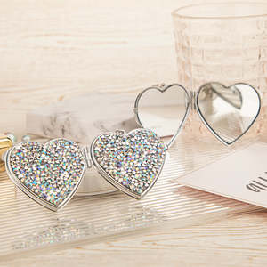 Mini Heart Bling Crystal Rhinestone <b>Compact</b> <b>Mirror</b> with Keychain Silver Metal Frame Dual Sided HD Glass Pocket <b>Mirror</b> - Product Image 3