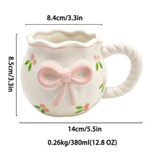 แก้วกาแฟเซรามิก 330 มล. ลายนูน 3 มิติ ดีไซน์โบว์ริบบิ้นเพ้นท์มือทันสมัย เป็นมิตรกับสิ่งแวดล้อม วัสดุสโตนแวร์ เหมาะเป็นของขวัญ - Product Image 3