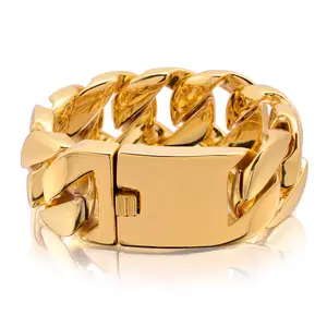 Hip Hop custom logo engraved Stainless Steel Men Heavy bangle 14K 18k 24K gold plated 32MM cuban link chain Bracelet