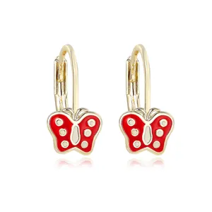 wholesale brass jewelry custom high quality child butterfly Knot new born baby birthday gift red ruby enamel bow hoops earrings