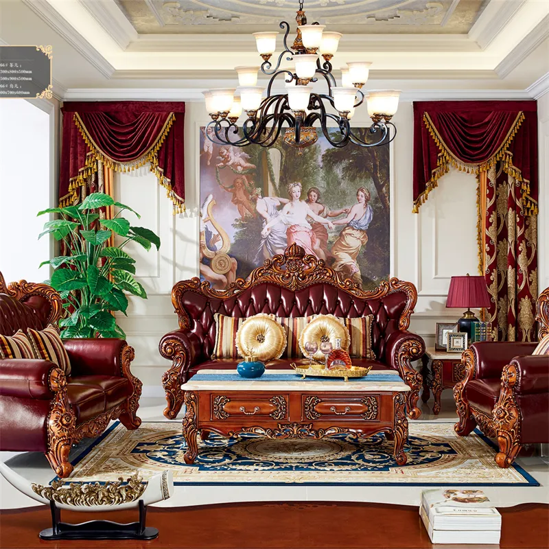 Stile di fascia alta rosso marrone in pelle soggiorno combinazione divano in legno massiccio divano set per casa Villa