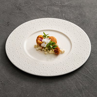 Assiette plate moderne minimaliste en céramique brillante mouchetée motif grain de sésame blanc, style nordique contemporain, compatible micro-ondes, ronde
