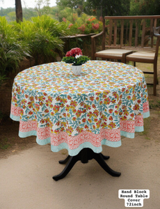 Nappe ronde à motifs floraux imprimés à la main – Nappe en coton de 72 pouces - Product Image 3
