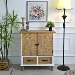 Kitchen Living Room <b>Rustic</b> Handmade Distressed 31.5" Accent Solid Wooden Flower Carved Door <b>Sideboard</b> Cabinet with 2 Drawers - Product Image 3