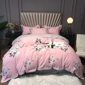奢华印花粉色枕套缎面100% 棉羽绒被套床上用品套装家纺