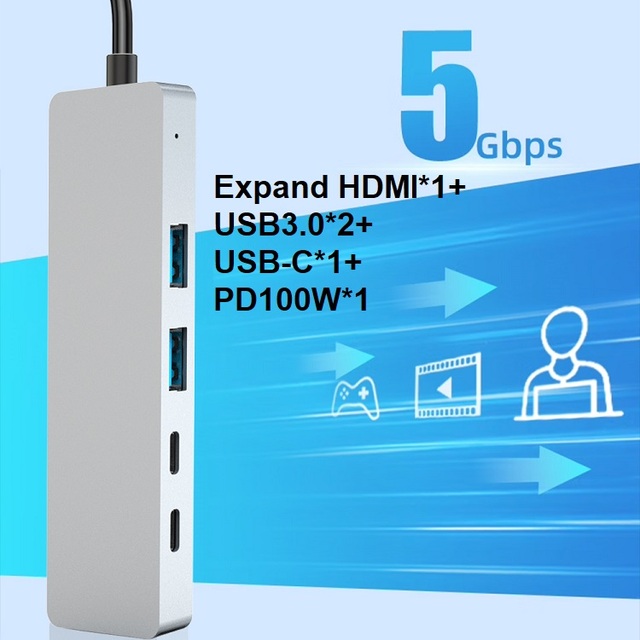 5 in 1 USB C Hub USB 3.0 5Gbps 4K HDTV Multi-function Docking Station Type-c Hub Adapter Converter for Lapop Tablet Phone PC